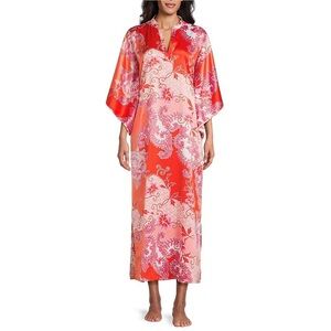N by Natori Flourish Satin Fliral 3/4 Sleeve Mandarin Collar Caftan Sz Large NWT